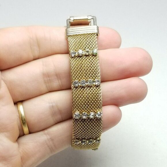 Vintage Gold Tone Mesh Bangle Bracelet with Rhinestone Stripes, Estate - Picture 1 of 6